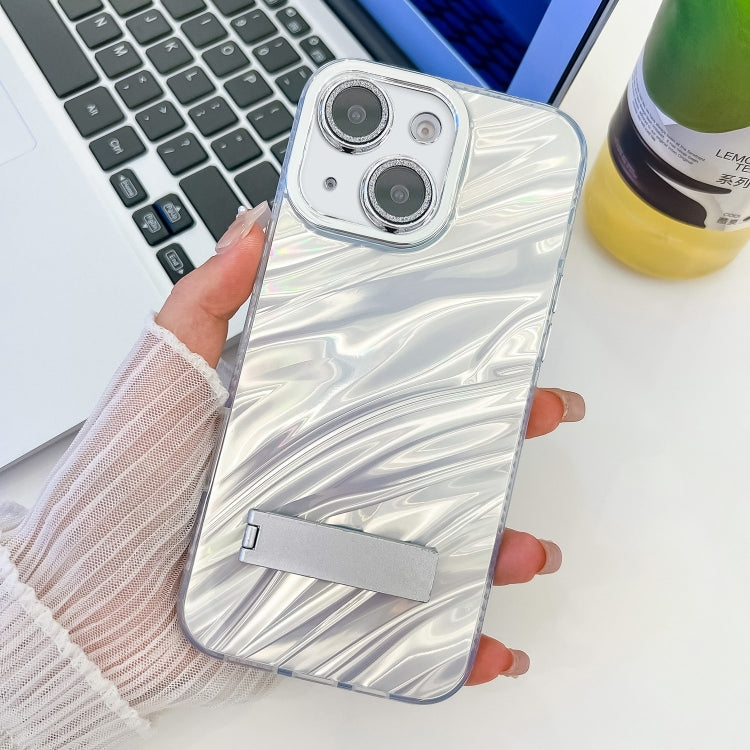 Plating Glitter Texture Fold Holder TPU Phone Case with Lens Film, For iPhone 15 Pro, For iPhone 15