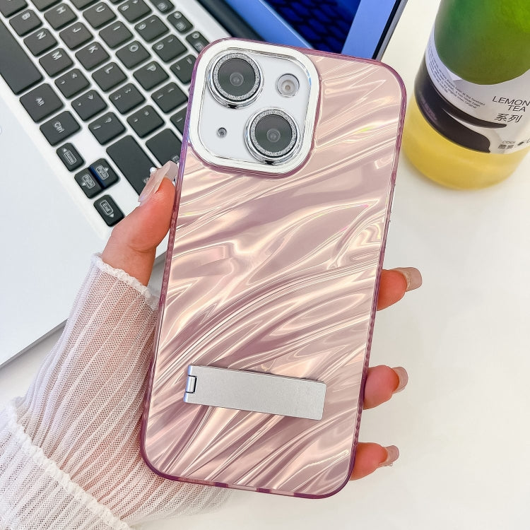Plating Glitter Texture Fold Holder TPU Phone Case with Lens Film, For iPhone 15 Pro, For iPhone 15
