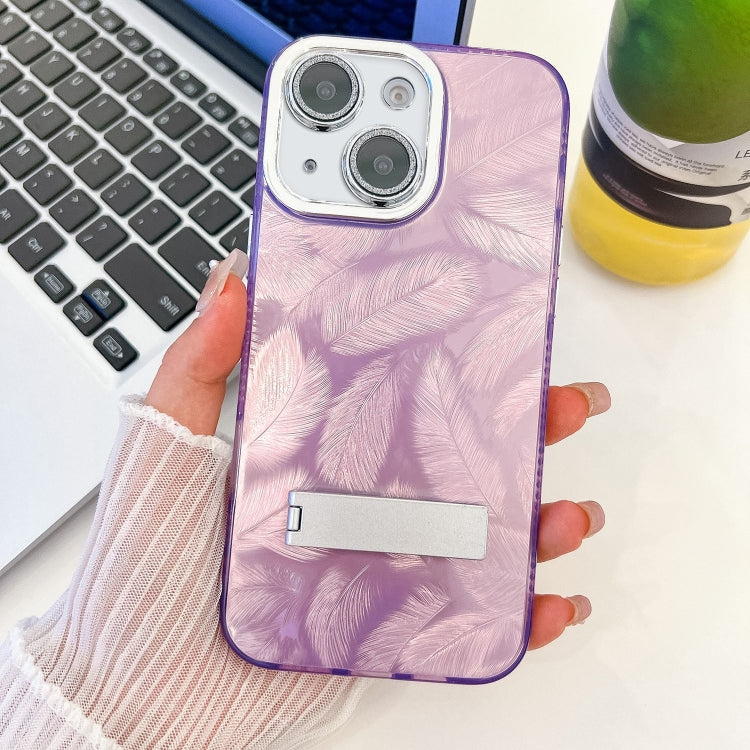 Plating Glitter Texture Fold Holder TPU Phone Case with Lens Film, For iPhone 15 Pro, For iPhone 15