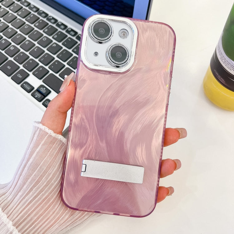 Plating Glitter Texture Fold Holder TPU Phone Case with Lens Film, For iPhone 15 Pro, For iPhone 15
