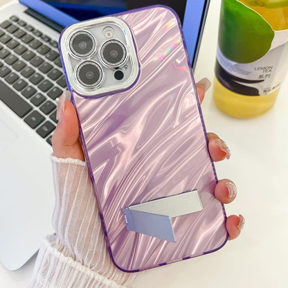 Plating Glitter Texture Fold Holder TPU Phone Case with Lens Film, For iPhone 16, For iPhone 15 Pro Max