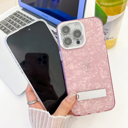 Plating Glitter Texture Fold Holder TPU Phone Case with Lens Film, For iPhone 15 Pro, For iPhone 15