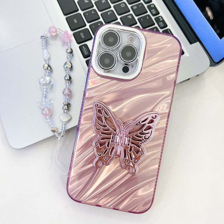 Plating Glitter Lens Film Texture Butterfly Holder Wristband Phone Case, For iPhone 16 Pro, For iPhone 16 Plus