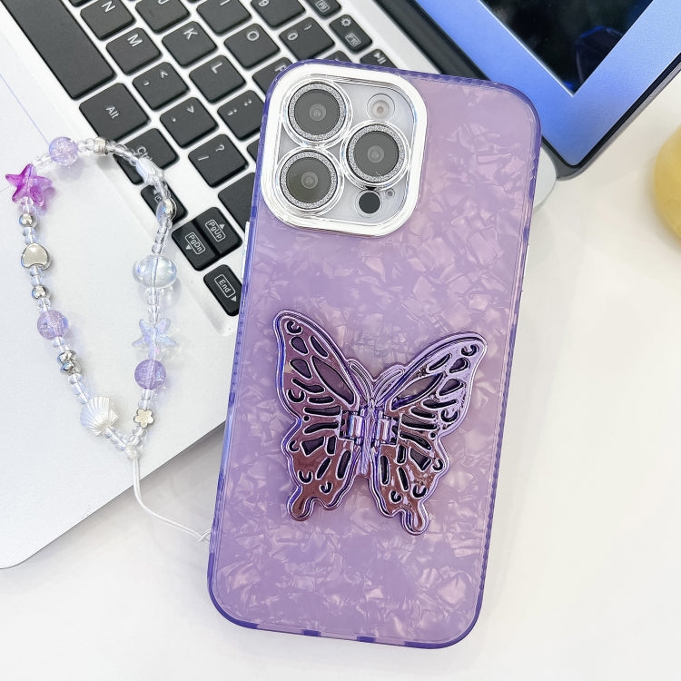 Plating Glitter Lens Film Texture Butterfly Holder Wristband Phone Case, For iPhone 16 Pro, For iPhone 16 Plus