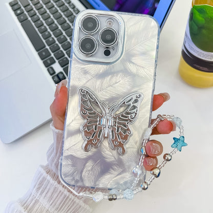 Plating Glitter Lens Film Texture Butterfly Holder Wristband Phone Case, For iPhone 16 Pro, For iPhone 16 Plus