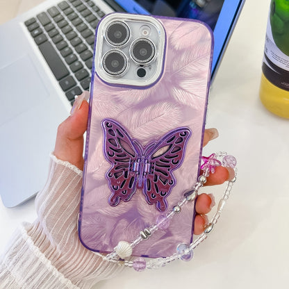 Plating Glitter Lens Film Texture Butterfly Holder Wristband Phone Case, For iPhone 16 Pro, For iPhone 16 Plus