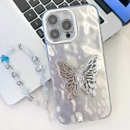 Plating Glitter Lens Film Texture Butterfly Holder Wristband Phone Case, For iPhone 16 Pro, For iPhone 16 Plus