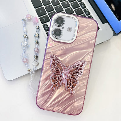 Plating Glitter Lens Film Texture Butterfly Holder Wristband Phone Case, For iPhone 16 Pro, For iPhone 16 Plus