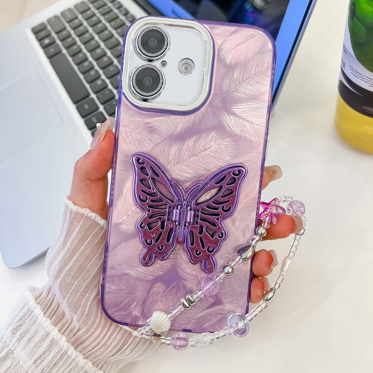 Plating Glitter Lens Film Texture Butterfly Holder Wristband Phone Case, For iPhone 16 Pro, For iPhone 16 Plus