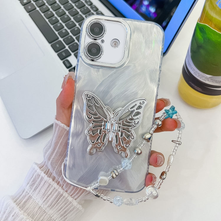 Plating Glitter Lens Film Texture Butterfly Holder Wristband Phone Case, For iPhone 16 Pro, For iPhone 16 Plus