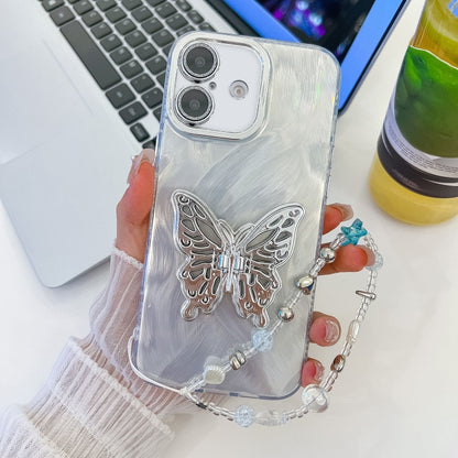 Plating Glitter Lens Film Texture Butterfly Holder Wristband Phone Case, For iPhone 16 Pro, For iPhone 16 Plus