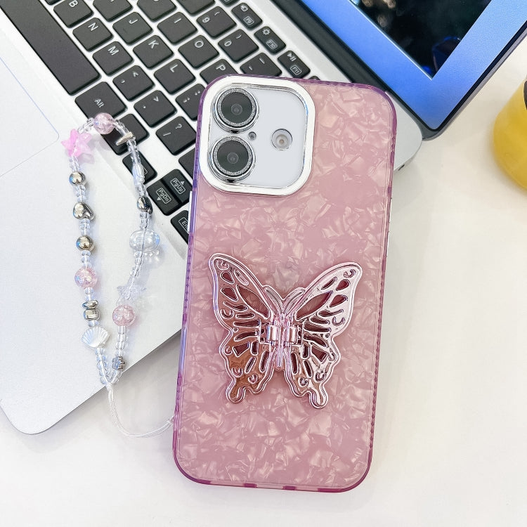 Plating Glitter Lens Film Texture Butterfly Holder Wristband Phone Case, For iPhone 16, For iPhone 15 Pro Max