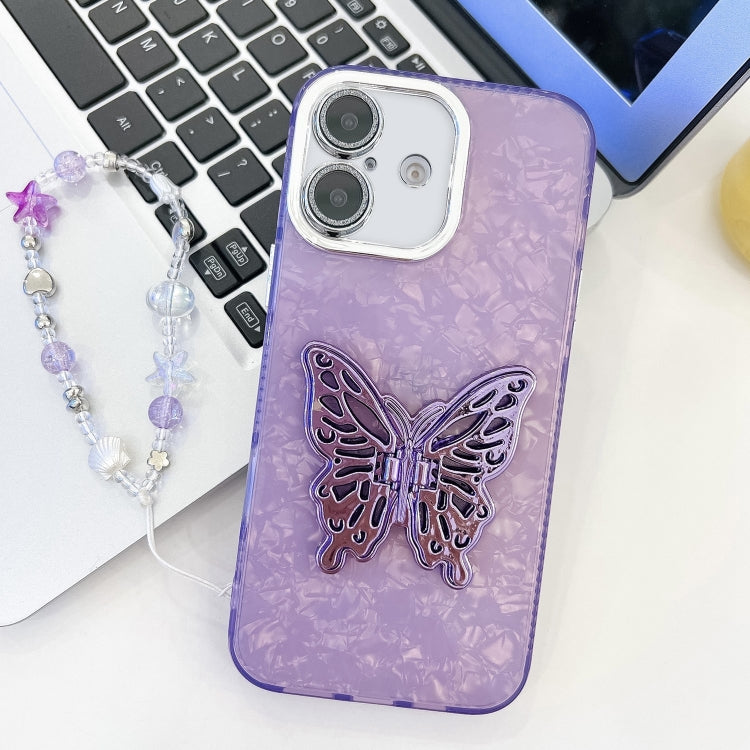 Plating Glitter Lens Film Texture Butterfly Holder Wristband Phone Case, For iPhone 16, For iPhone 15 Pro Max