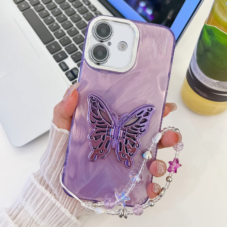 Plating Glitter Lens Film Texture Butterfly Holder Wristband Phone Case, For iPhone 16, For iPhone 15 Pro Max