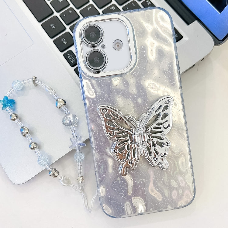 Plating Glitter Lens Film Texture Butterfly Holder Wristband Phone Case, For iPhone 16, For iPhone 15 Pro Max