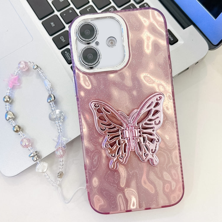 Plating Glitter Lens Film Texture Butterfly Holder Wristband Phone Case, For iPhone 16, For iPhone 15 Pro Max