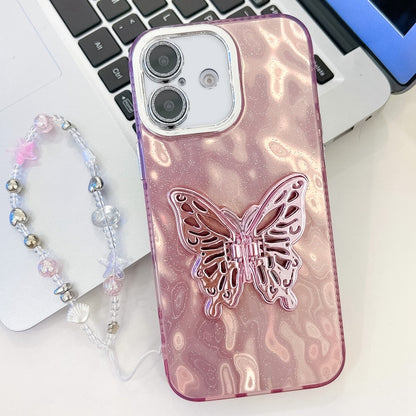 Plating Glitter Lens Film Texture Butterfly Holder Wristband Phone Case, For iPhone 16, For iPhone 15 Pro Max