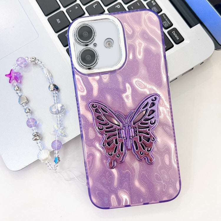 Plating Glitter Lens Film Texture Butterfly Holder Wristband Phone Case, For iPhone 16, For iPhone 15 Pro Max