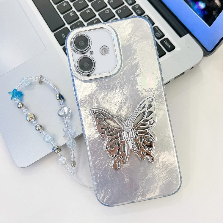 Plating Glitter Lens Film Texture Butterfly Holder Wristband Phone Case, For iPhone 16, For iPhone 15 Pro Max