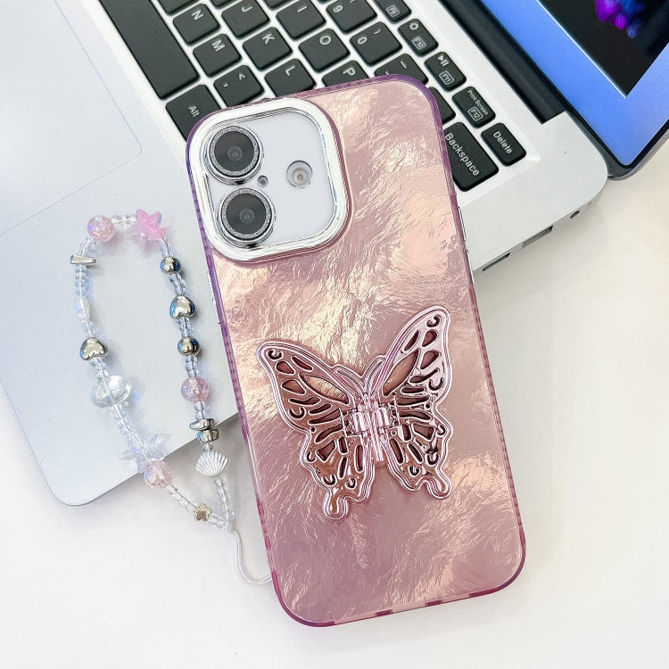 Plating Glitter Lens Film Texture Butterfly Holder Wristband Phone Case, For iPhone 16, For iPhone 15 Pro Max