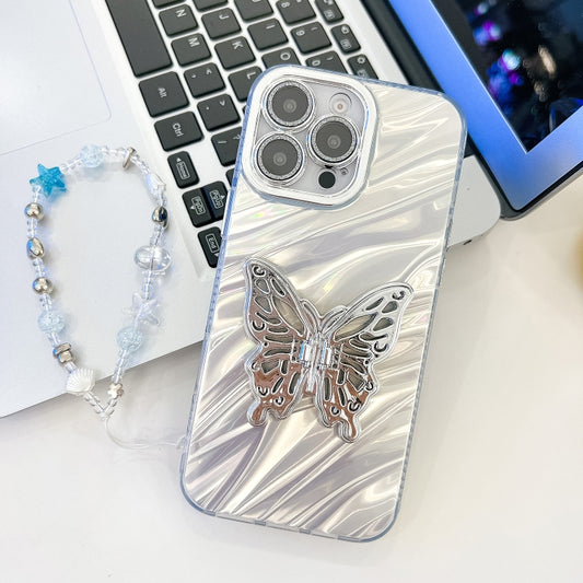 Plating Glitter Lens Film Texture Butterfly Holder Wristband Phone Case, For iPhone 15 Pro, For iPhone 15