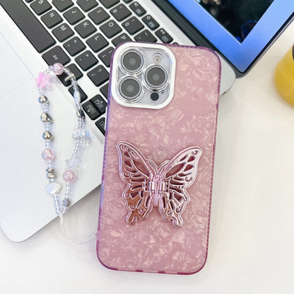 Plating Glitter Lens Film Texture Butterfly Holder Wristband Phone Case, For iPhone 15 Pro, For iPhone 15