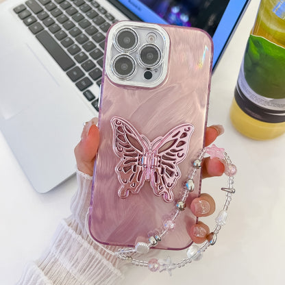 Plating Glitter Lens Film Texture Butterfly Holder Wristband Phone Case, For iPhone 15 Pro, For iPhone 15