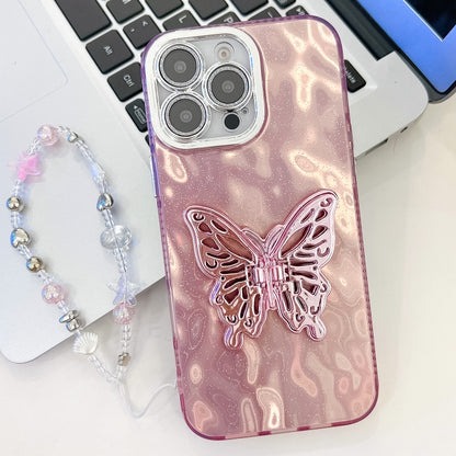 Plating Glitter Lens Film Texture Butterfly Holder Wristband Phone Case, For iPhone 15 Pro, For iPhone 15