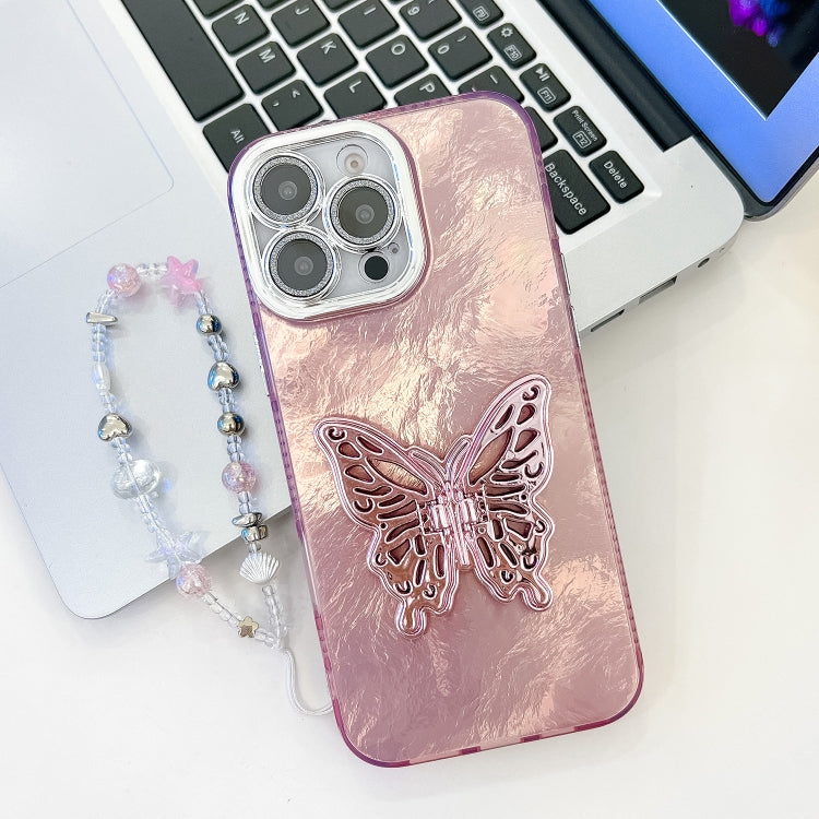 Plating Glitter Lens Film Texture Butterfly Holder Wristband Phone Case, For iPhone 15 Pro, For iPhone 15