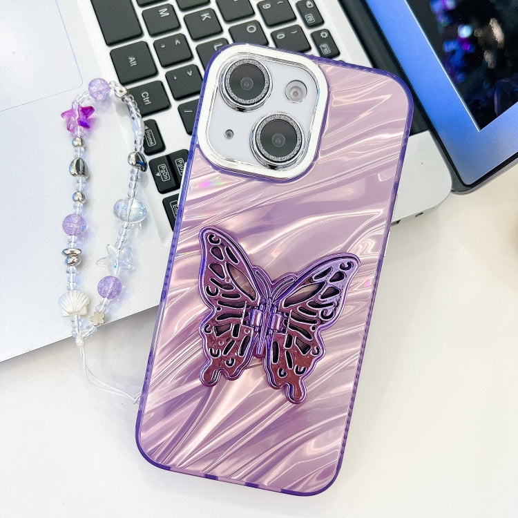 Plating Glitter Lens Film Texture Butterfly Holder Wristband Phone Case, For iPhone 15 Pro, For iPhone 15