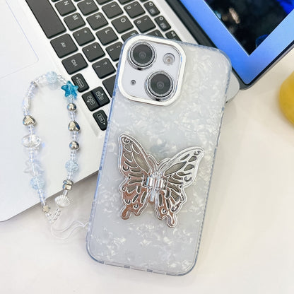 Plating Glitter Lens Film Texture Butterfly Holder Wristband Phone Case, For iPhone 15 Pro, For iPhone 15