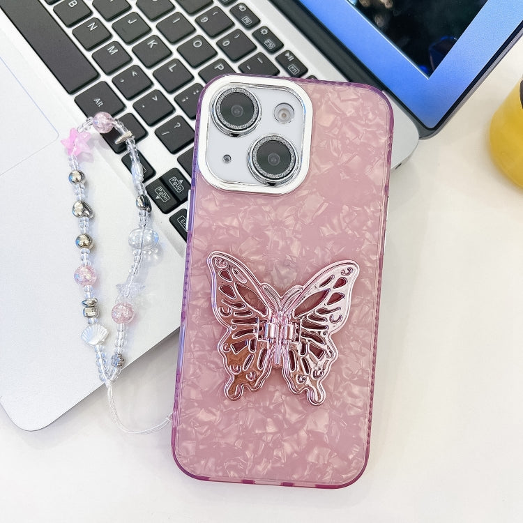 Plating Glitter Lens Film Texture Butterfly Holder Wristband Phone Case, For iPhone 15 Pro, For iPhone 15