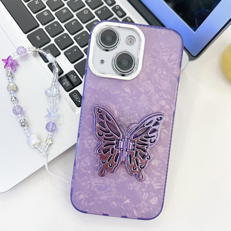 Plating Glitter Lens Film Texture Butterfly Holder Wristband Phone Case, For iPhone 15 Pro, For iPhone 15