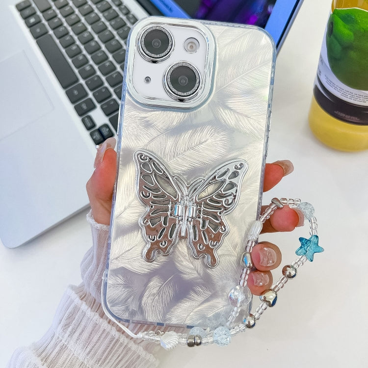 Plating Glitter Lens Film Texture Butterfly Holder Wristband Phone Case, For iPhone 15 Pro, For iPhone 15
