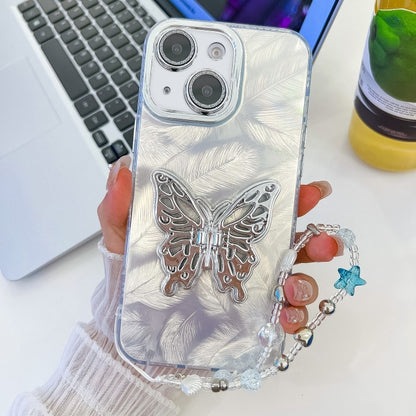 Plating Glitter Lens Film Texture Butterfly Holder Wristband Phone Case, For iPhone 15 Pro, For iPhone 15