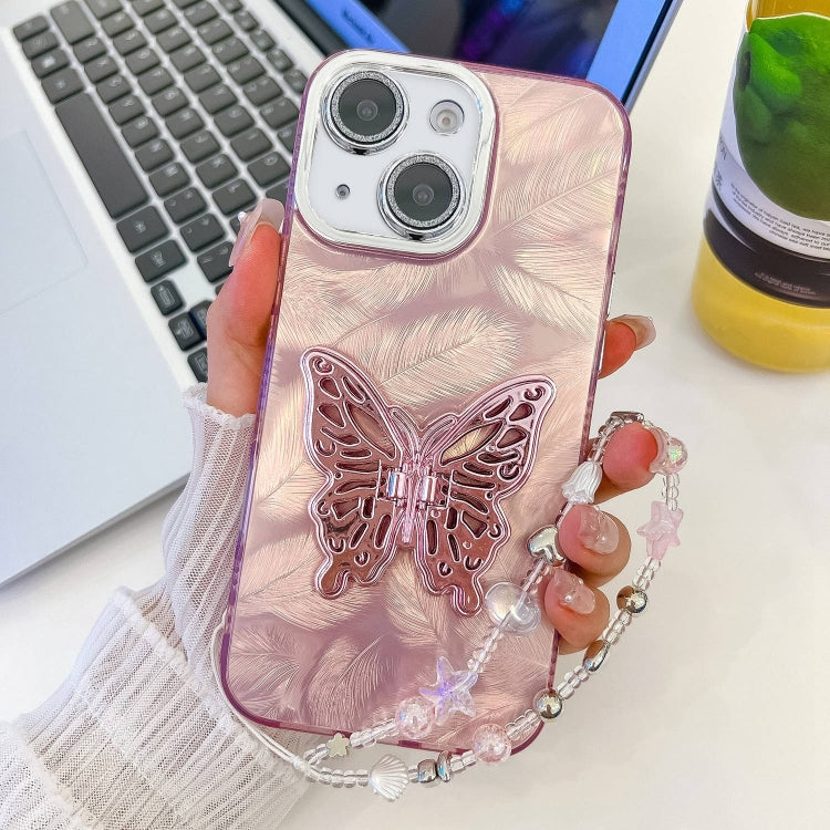 Plating Glitter Lens Film Texture Butterfly Holder Wristband Phone Case, For iPhone 15 Pro, For iPhone 15