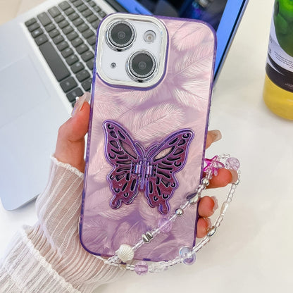 Plating Glitter Lens Film Texture Butterfly Holder Wristband Phone Case, For iPhone 15 Pro, For iPhone 15