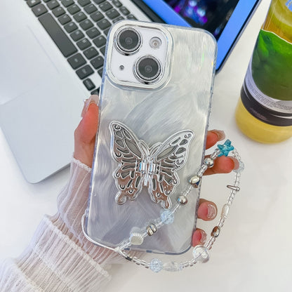 Plating Glitter Lens Film Texture Butterfly Holder Wristband Phone Case, For iPhone 15 Pro, For iPhone 15