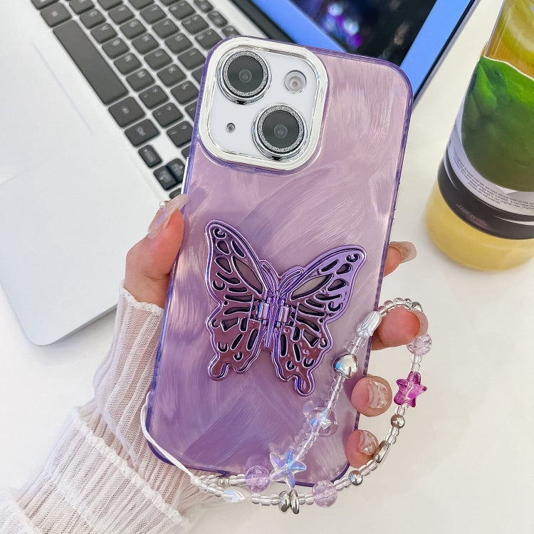 Plating Glitter Lens Film Texture Butterfly Holder Wristband Phone Case, For iPhone 15 Pro, For iPhone 15
