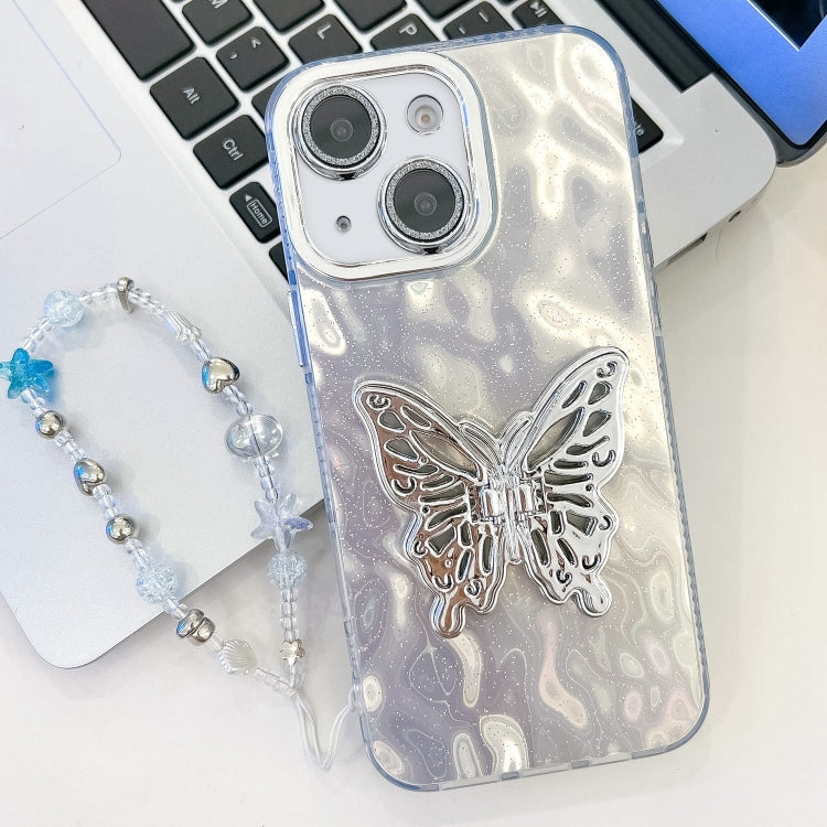 Plating Glitter Lens Film Texture Butterfly Holder Wristband Phone Case, For iPhone 15 Pro, For iPhone 15