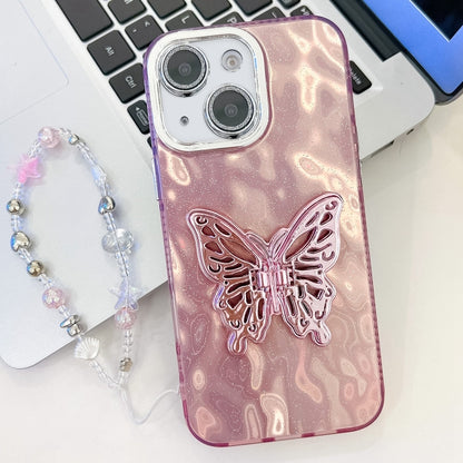 Plating Glitter Lens Film Texture Butterfly Holder Wristband Phone Case, For iPhone 15 Pro, For iPhone 15