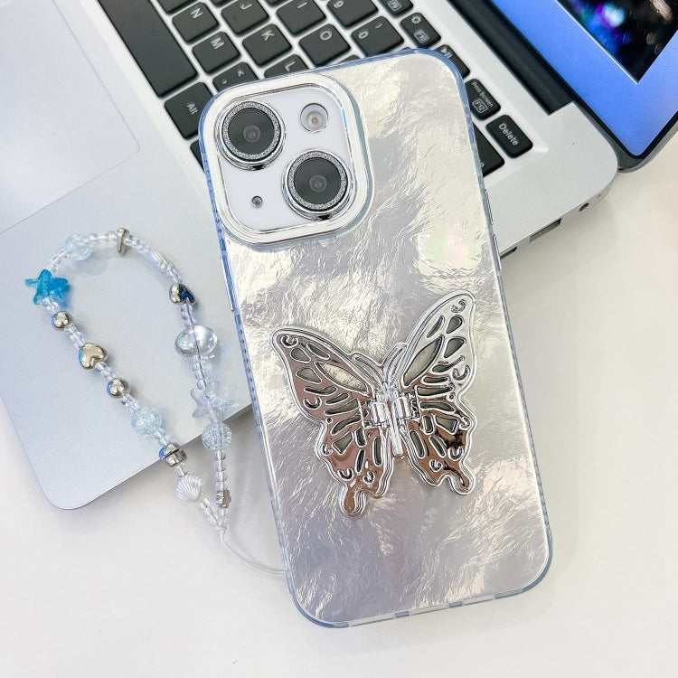 Plating Glitter Lens Film Texture Butterfly Holder Wristband Phone Case, For iPhone 15 Pro, For iPhone 15