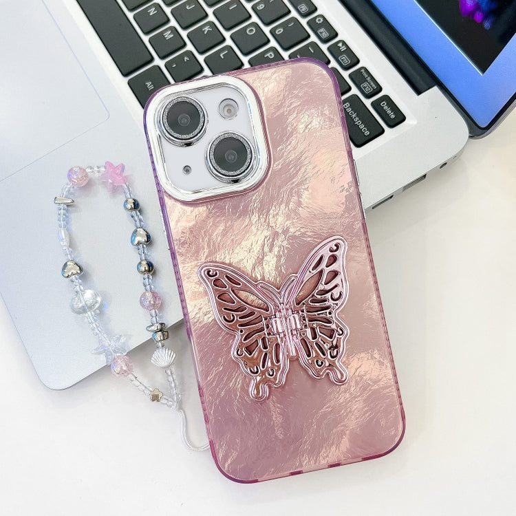 Plating Glitter Lens Film Texture Butterfly Holder Wristband Phone Case, For iPhone 15 Pro, For iPhone 15