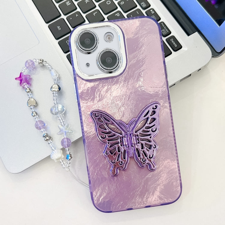 Plating Glitter Lens Film Texture Butterfly Holder Wristband Phone Case, For iPhone 15 Pro, For iPhone 15