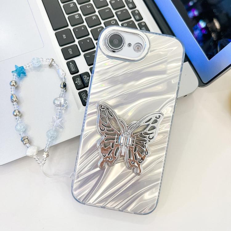 Plating Glitter Lens Film Texture Butterfly Holder Wristband Phone Case, For iPhone 16e, For iPhone 16 Pro Max