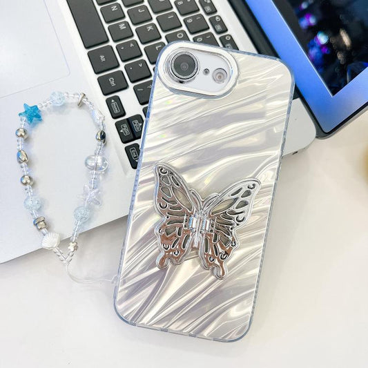 Plating Glitter Lens Film Texture Butterfly Holder Wristband Phone Case, For iPhone 16e, For iPhone 16 Pro Max