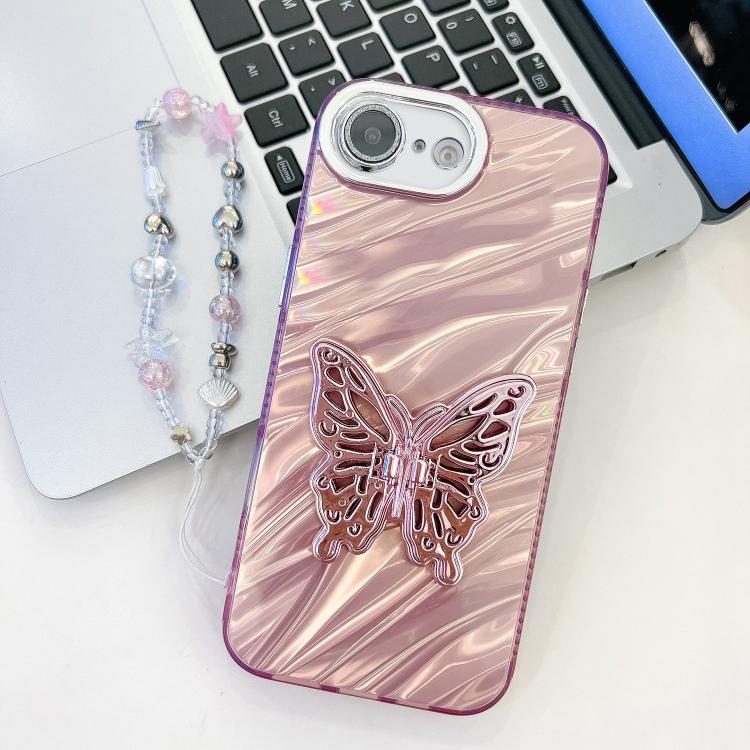 Plating Glitter Lens Film Texture Butterfly Holder Wristband Phone Case, For iPhone 16e, For iPhone 16 Pro Max