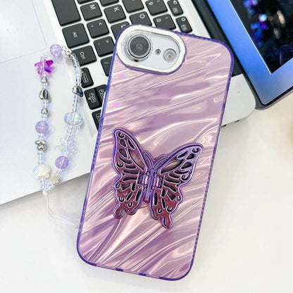 Plating Glitter Lens Film Texture Butterfly Holder Wristband Phone Case, For iPhone 16e, For iPhone 16 Pro Max