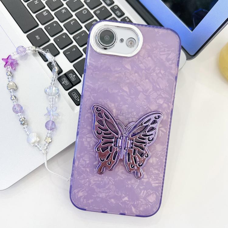 Plating Glitter Lens Film Texture Butterfly Holder Wristband Phone Case, For iPhone 16e, For iPhone 16 Pro Max