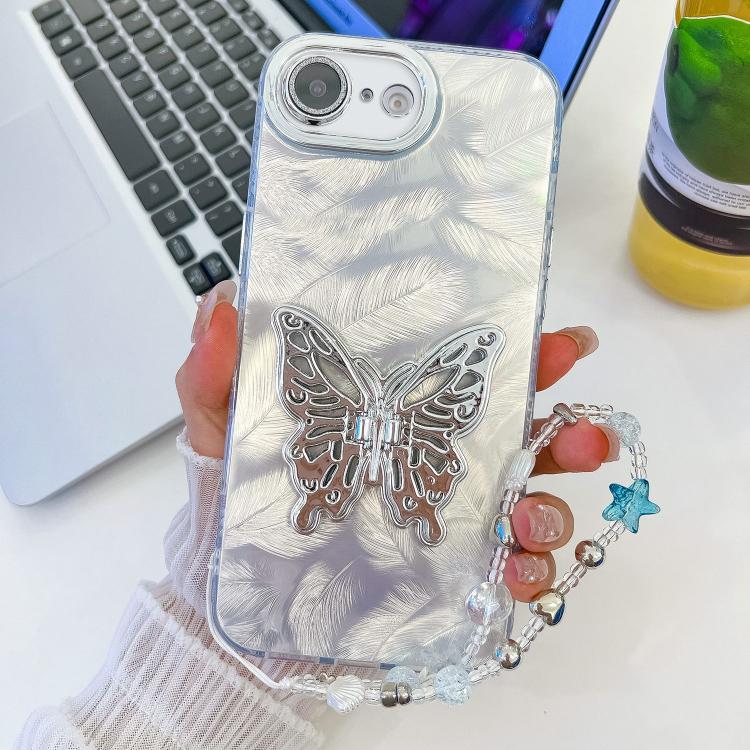 Plating Glitter Lens Film Texture Butterfly Holder Wristband Phone Case, For iPhone 16e, For iPhone 16 Pro Max
